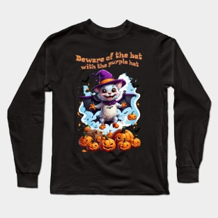 Funny Halloween bat lands on a pumpkin patch Long Sleeve T-Shirt